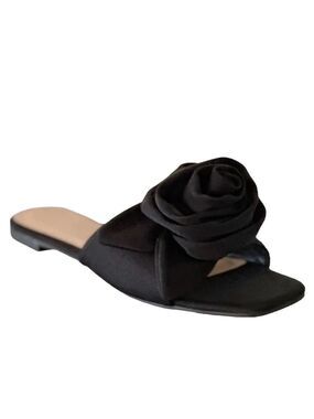 Bamboo Buzzing Rosette Flat Slip-On Slide Sandals in Black Satin